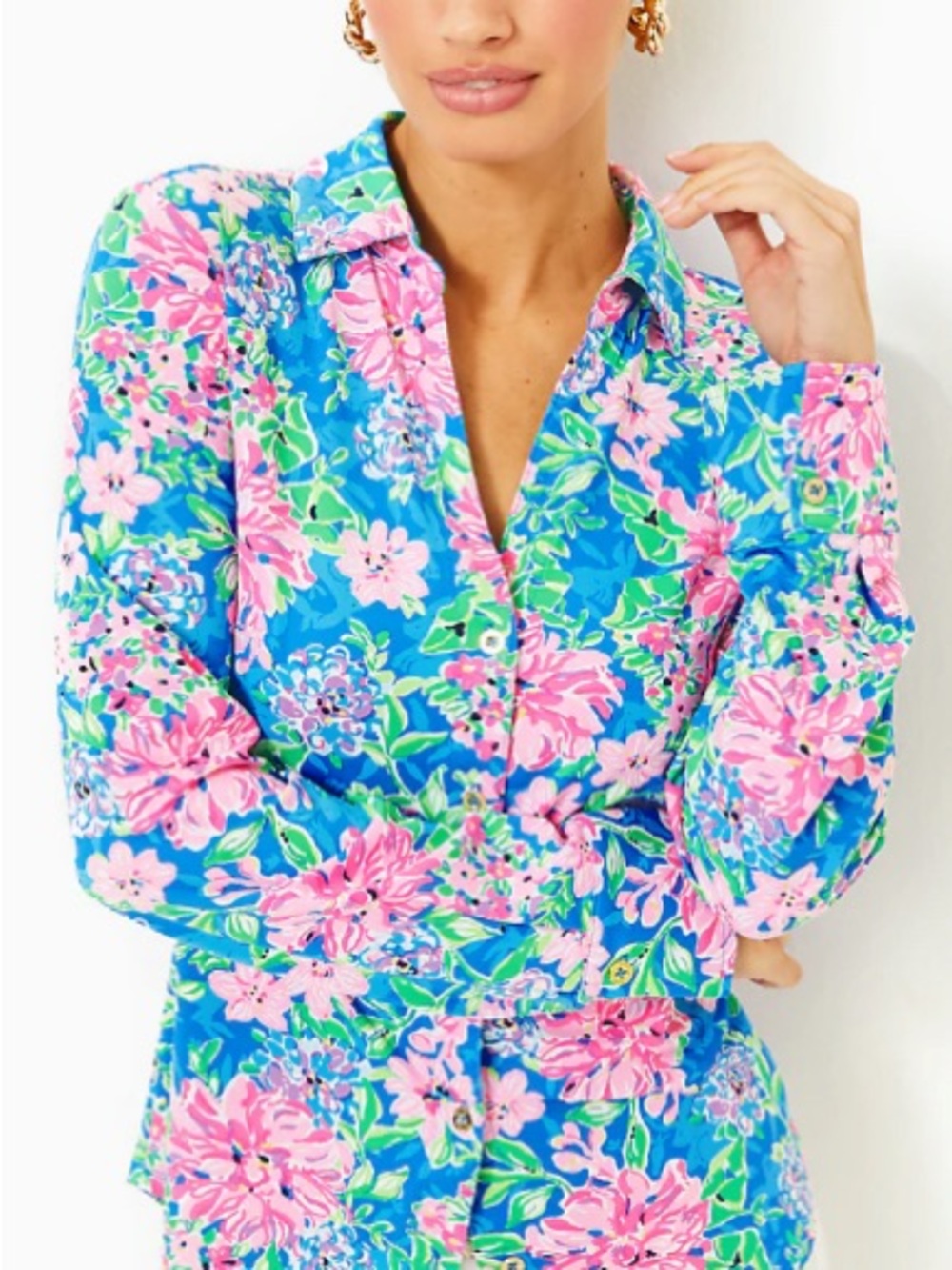 Lilly Pulitzer Blue Button-Down with Pink Floral Print